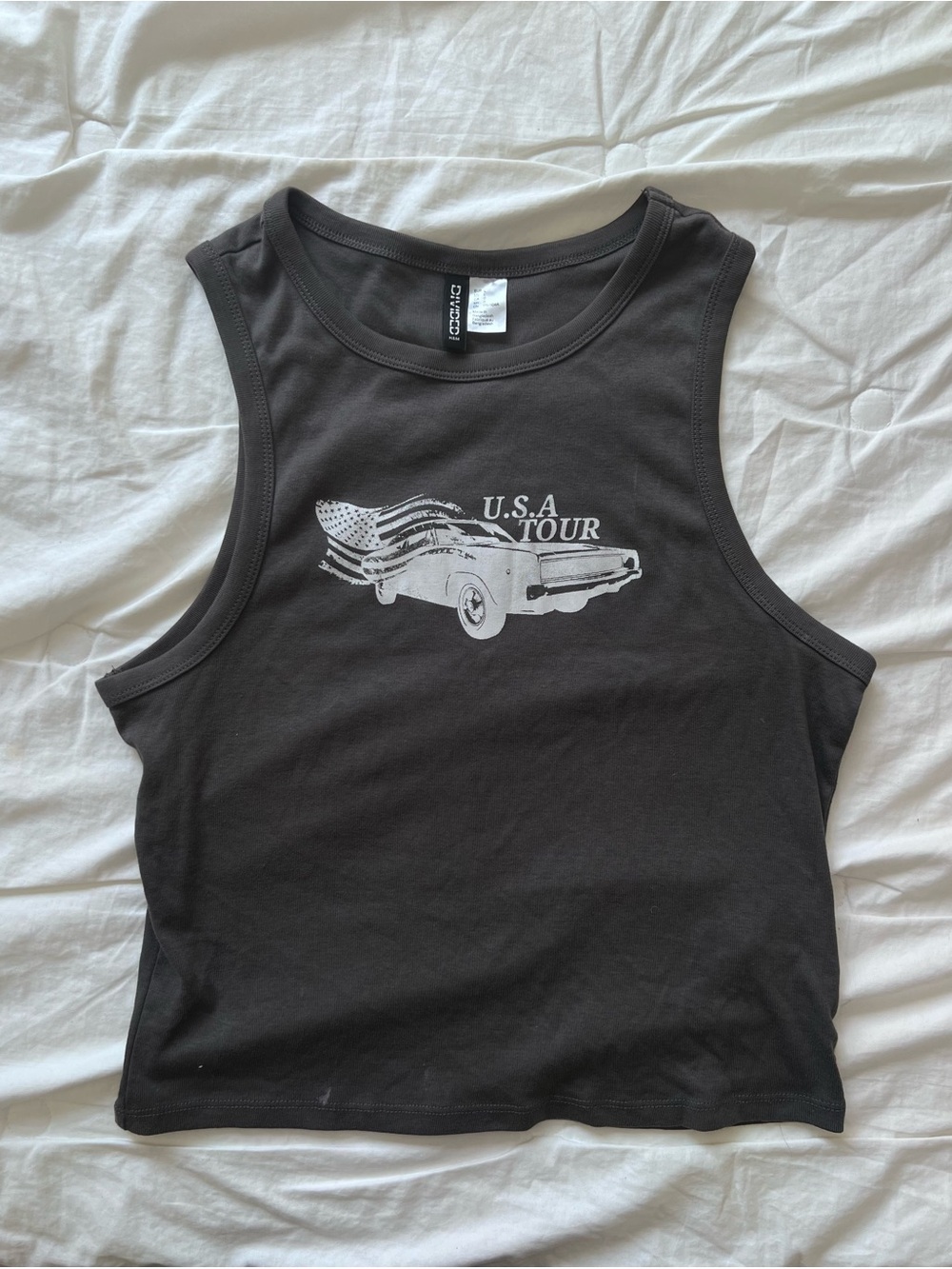 H&M dark charcoal grey USA tour graphic racer tank top